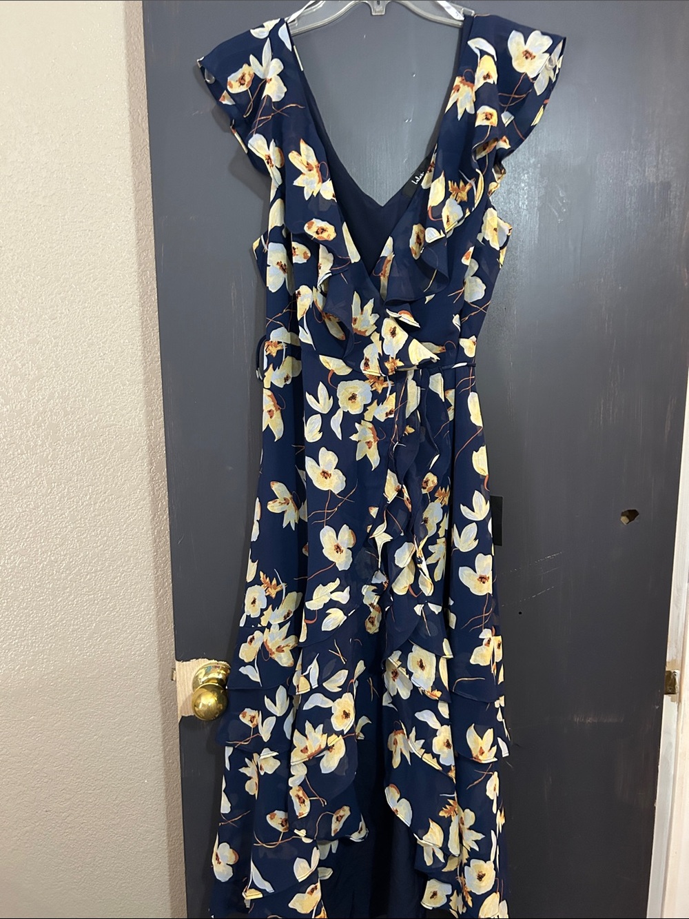 Lulu's Navy Floral Ruffle Wrap High-Low Dress